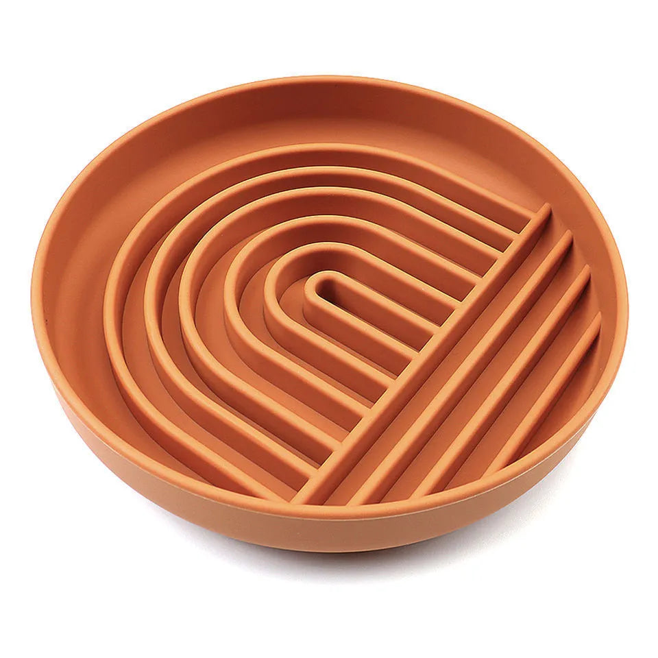 Silicone slow feeder dog bowl with ridges, shown in beige colour, measuring 19 cm.