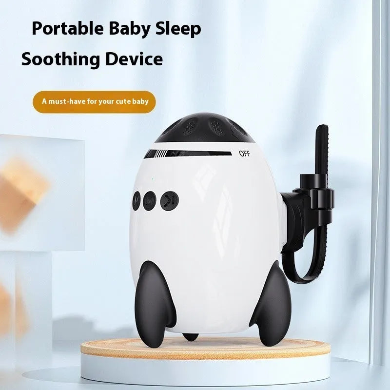 White baby sleep comforter device with Bluetooth and automatic shaking features for infant soothing