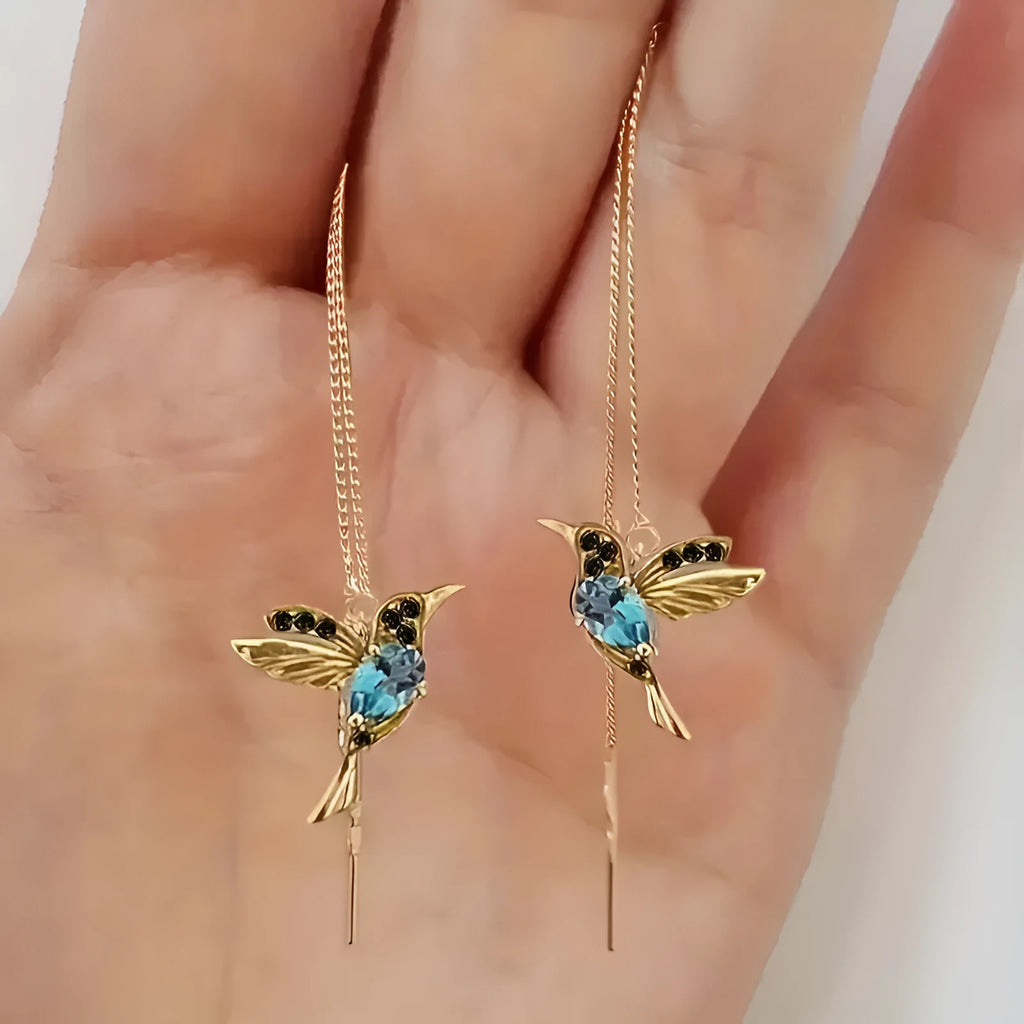 Long drop bird-themed earrings for women with mixed zirconium wings, in red, blue or red lvzuan finish.