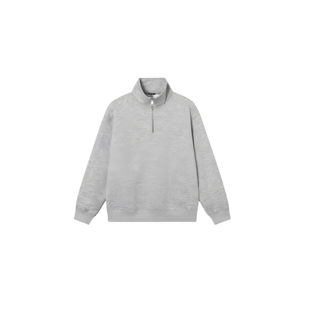 Grey unisex half-zip stand collar cotton sweater on a hanger.