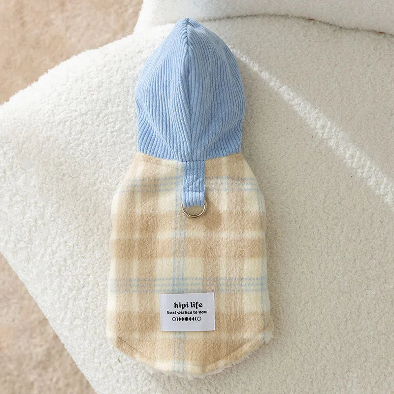 Blue hooded dog vest with chessboard grid pattern in corduroy fabric for autumn winter wear