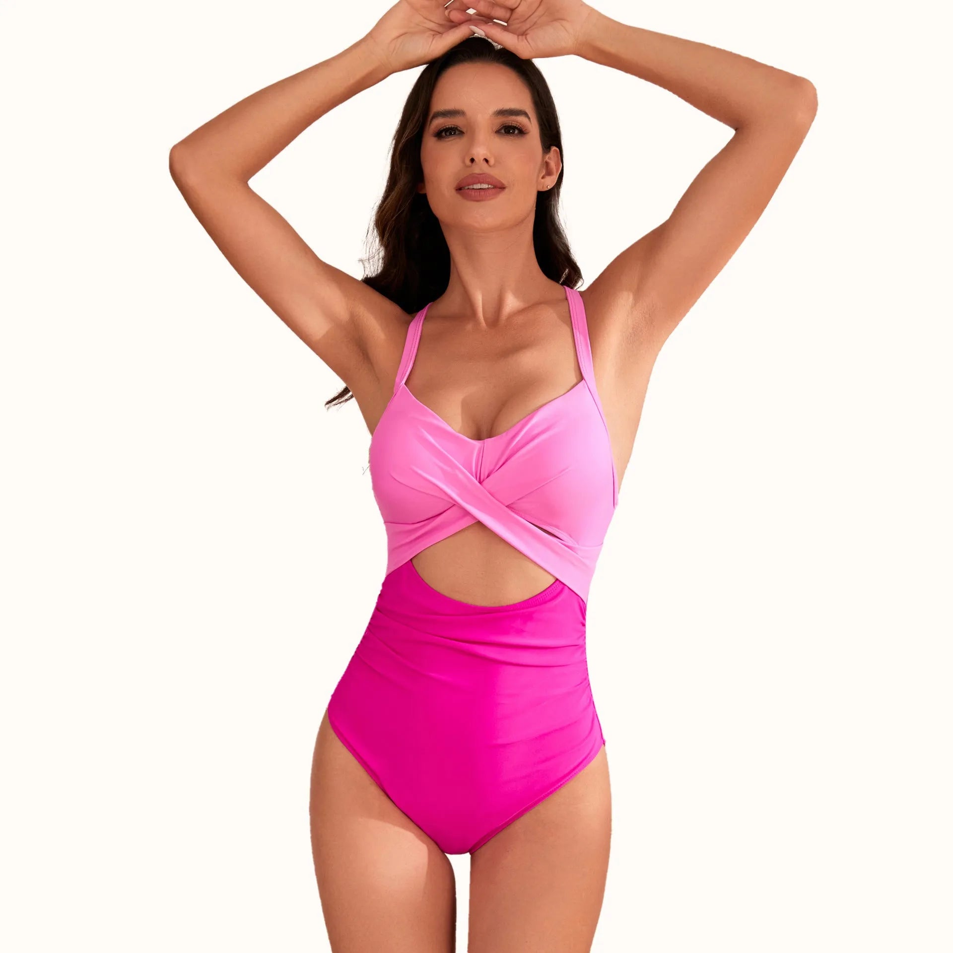 Women's high waist solid colour one-piece swimsuit on hanger, showing hollow cut and spandex lining.