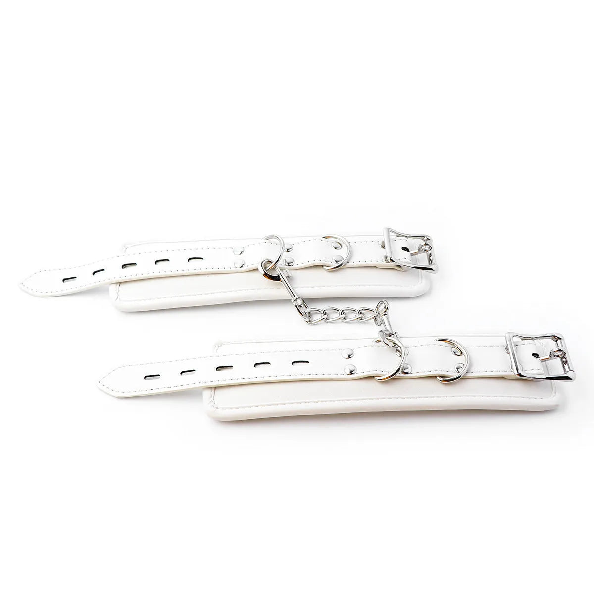 White PU sponge bondage sex toy set showing handcuffs, foot cuffs, and a neck scarf laid out.