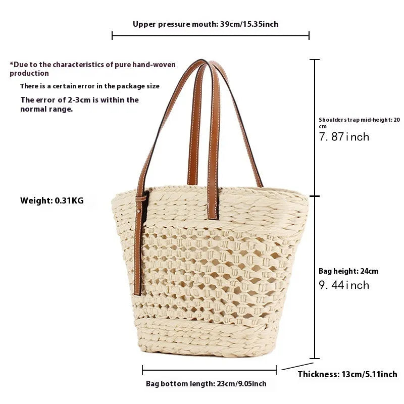 Paper-string woven shoulder bag with file storage compartment and adjustable strap in beige colour