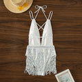 White one-piece swimsuit with deep V-neck and tassel detail on a mannequin