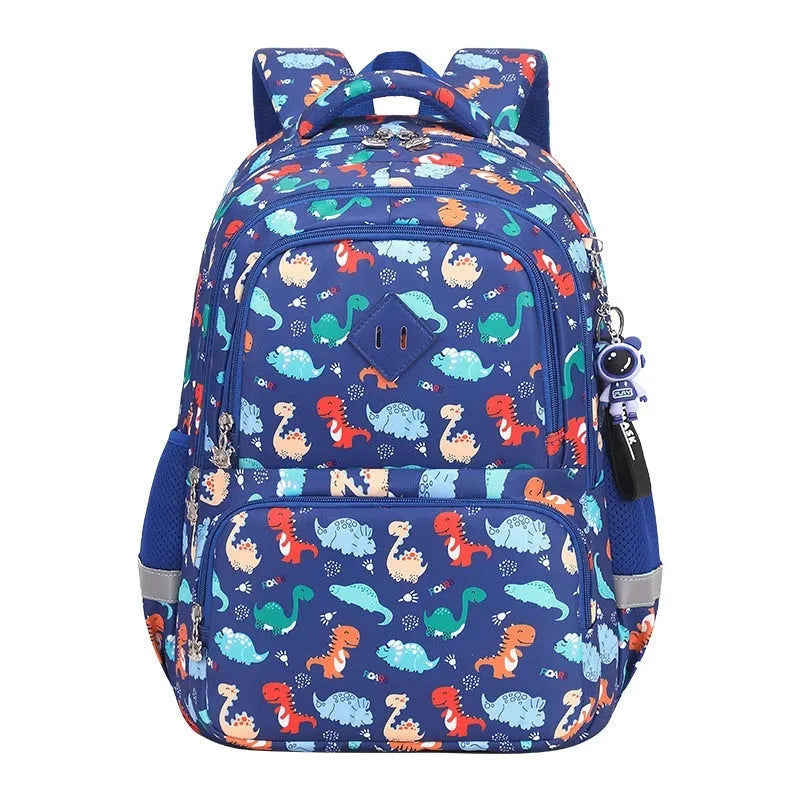 Blue children's Oxford cloth backpack with dinosaur print and curved shoulder straps.