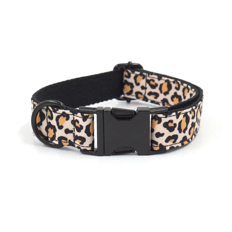 Brown leopard print dog collar and leash set with black buckle on chemical fibre material