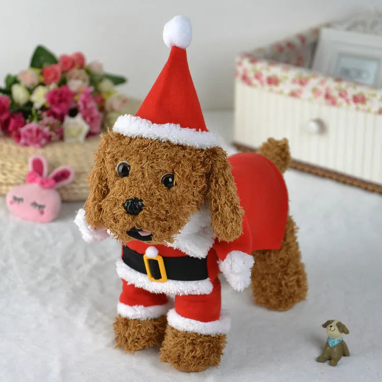 Red polar fleece pet Santa costume for dogs and cats in standing design with England-style pattern