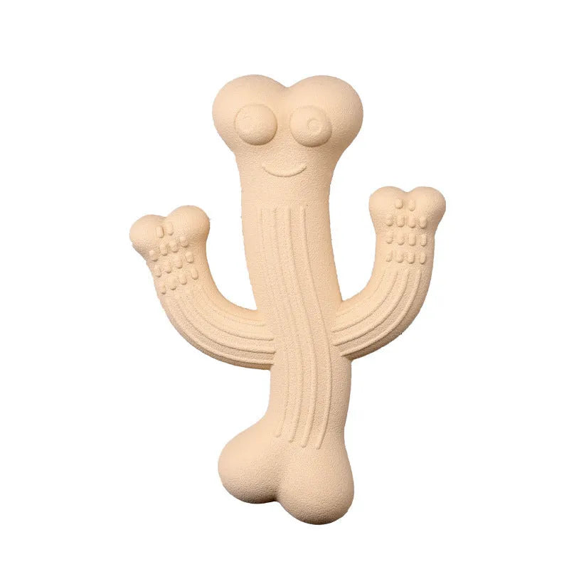 Beige, blue, and purple cactus-shaped dog chew toy made from bamboo fibre and rubber, shown in small and large sizes.