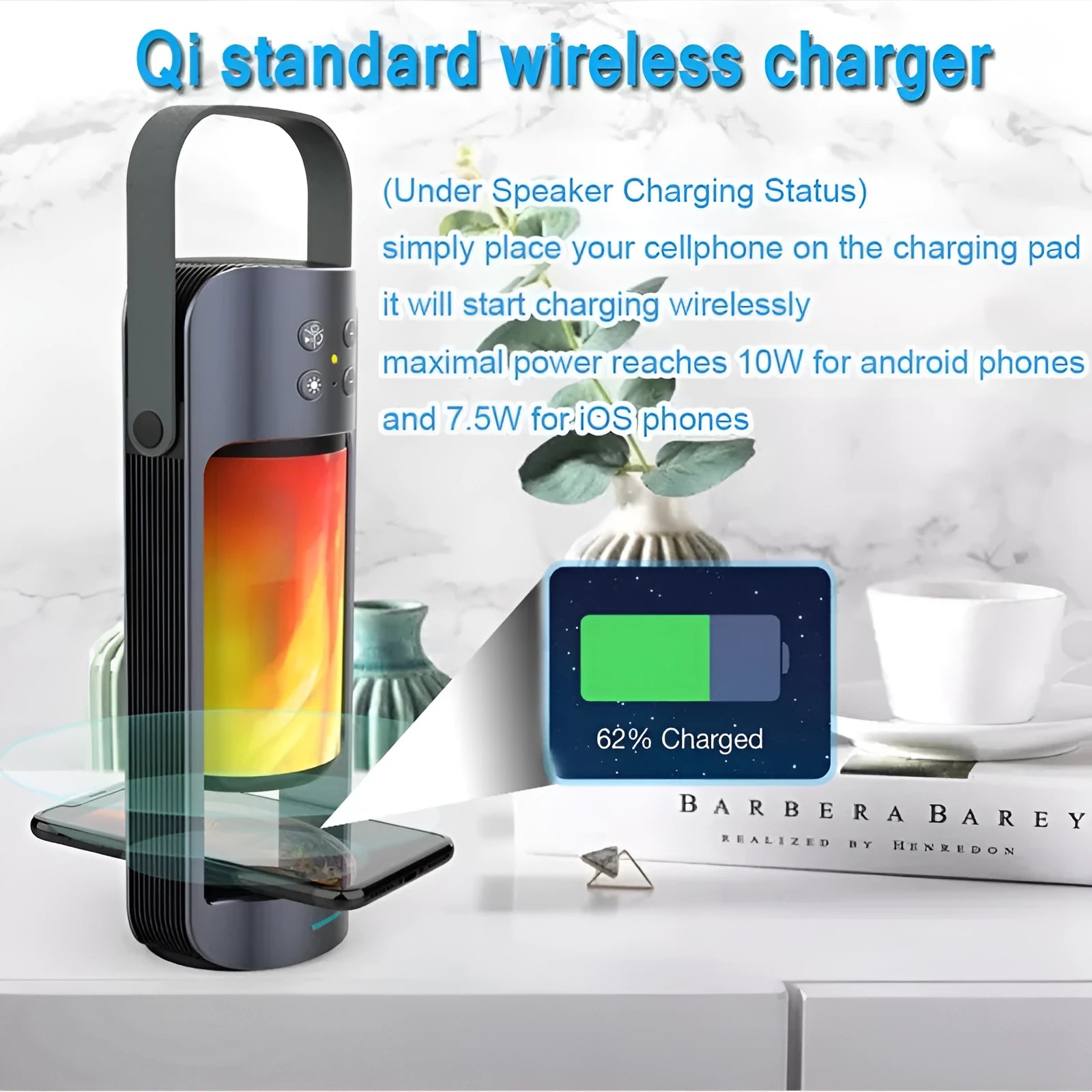 Blue Alpha Flame portable Bluetooth speaker with dancing light effect and wireless charging capability