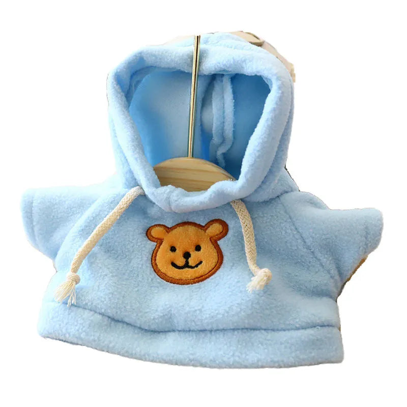 Blue balaclava-style dog hoodie made of soft cloth, shown on a model dog.