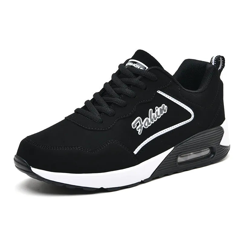 Spring leather plus size air cushion sports shoes for women, casual walking, low-top lace-up, black and white colour