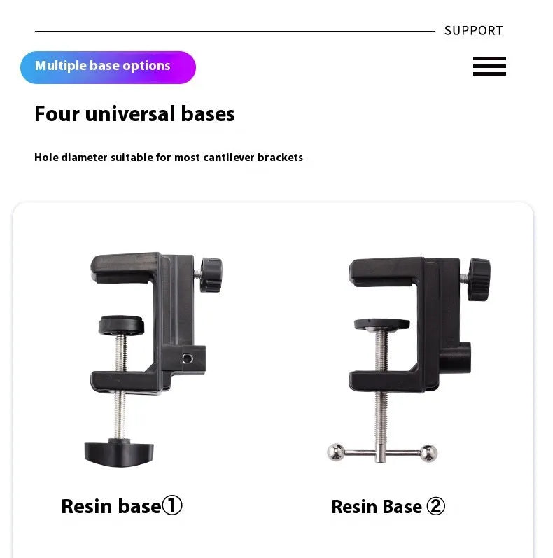 Foldable metal desktop lazy bracket with tablet clip and 360° rotation arm on a desk