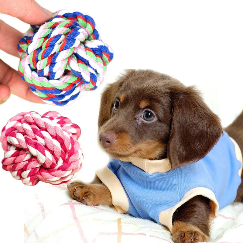 Hand-woven cotton rope ball for dogs, 7 cm diameter, available in blue multicolor pink