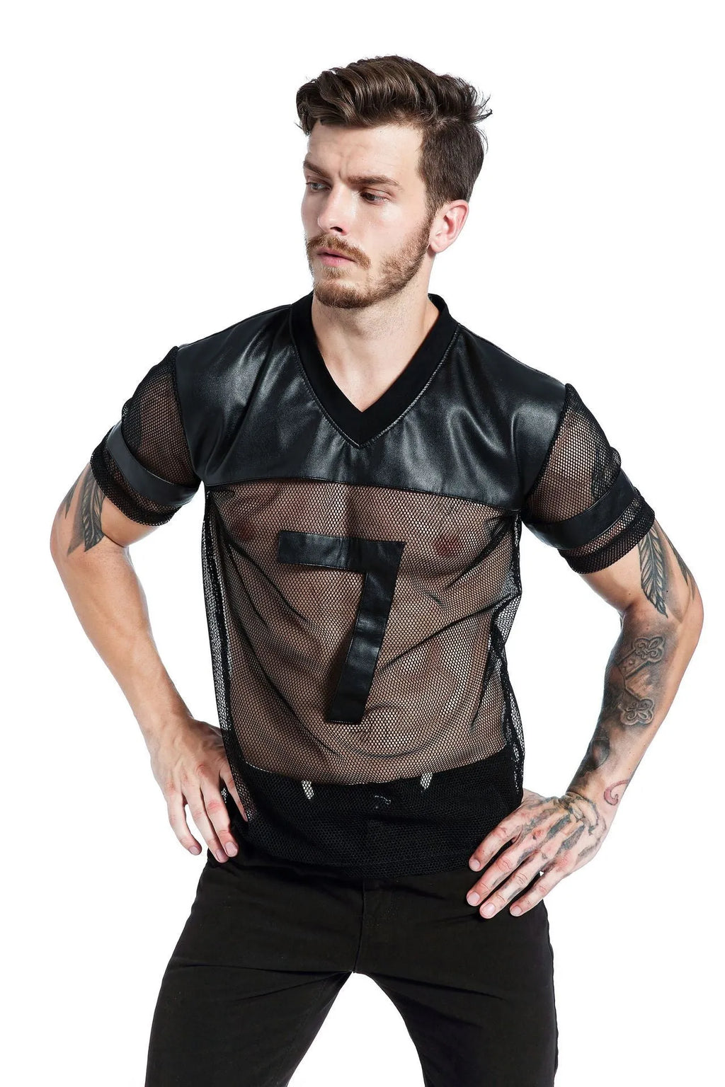 Black men's mesh sports T-shirt with V-neck and stitching collage detailing