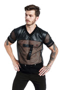 Black men's mesh sports T-shirt with V-neck and stitching collage detailing