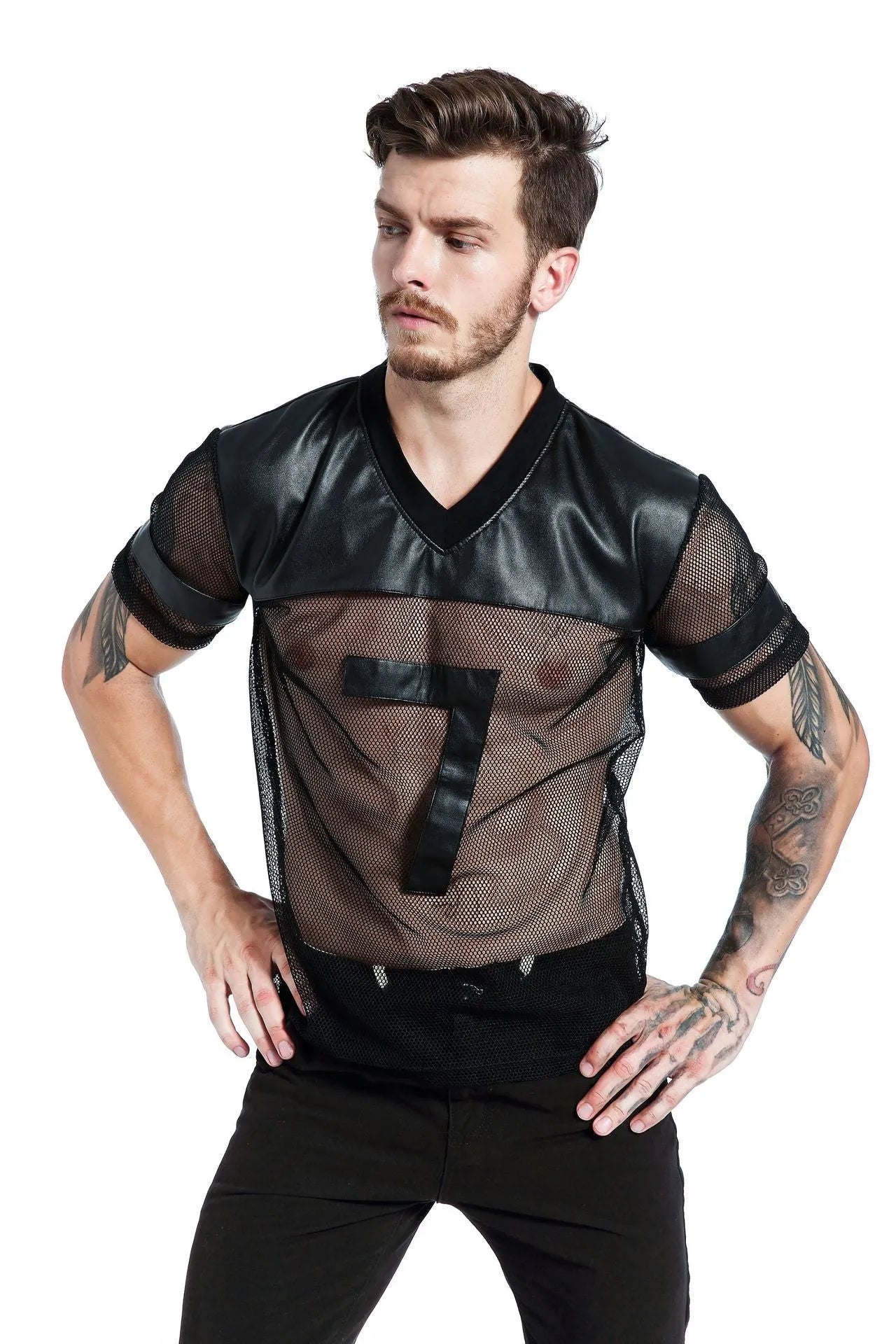 Black men's mesh sports T-shirt with V-neck and stitching collage detailing