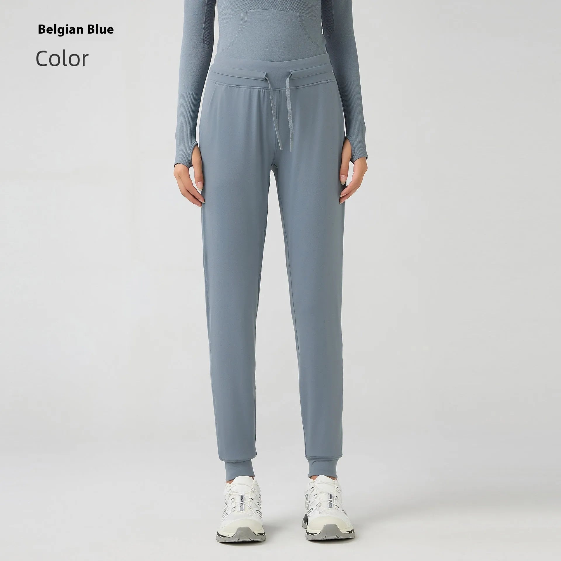 Women's high-waist yoga pants with drawstring waist in Belgian Blue colour