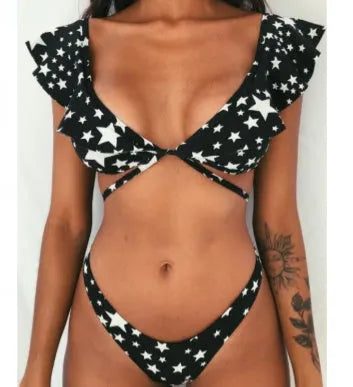Yellow floral print split bikini swimsuit set for surfing on mannequin
