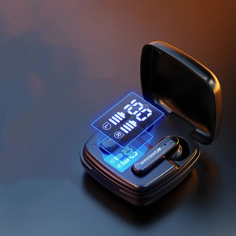Dark Night Black and Ivory White wireless Bluetooth semi-in-ear earphones with digital battery display.