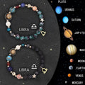 Natural stone beaded bracelet set showing zodiac sign designs on adjustable elastic cord