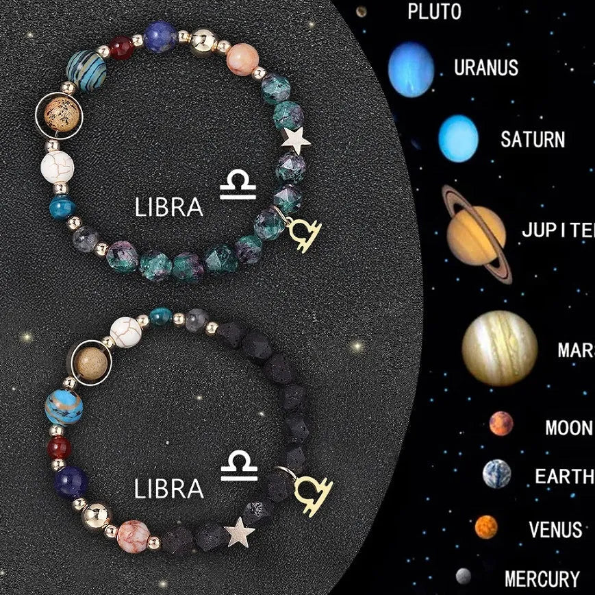 Natural stone beaded bracelet set showing zodiac sign designs on adjustable elastic cord