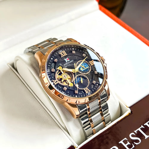 Automatic mechanical men's watch with rose gold case, black dial, and stainless steel bracelet.
