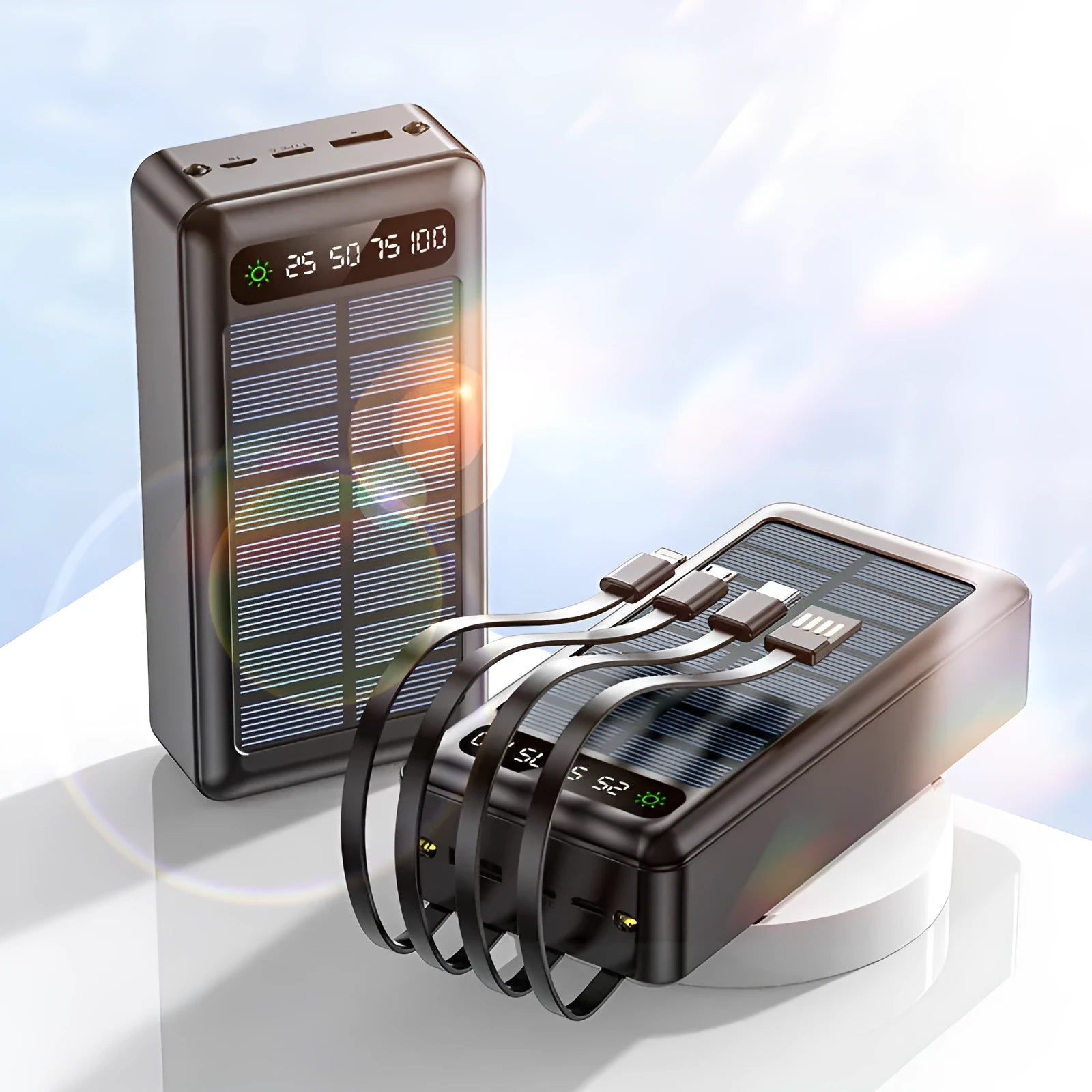 Black, white, and green solar power bank with 30000 mAh capacity and charging cable