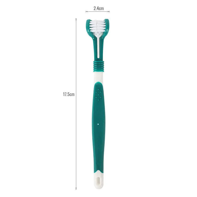 Three-head plastic pet toothbrush in 175x24x15mm size for oral cleaning, available in five colours