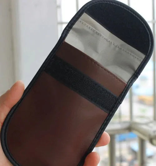 Black microfibre car key signal blocker bag with Faraday cage, 13.5x9.5cm, for key fobs and smartphones