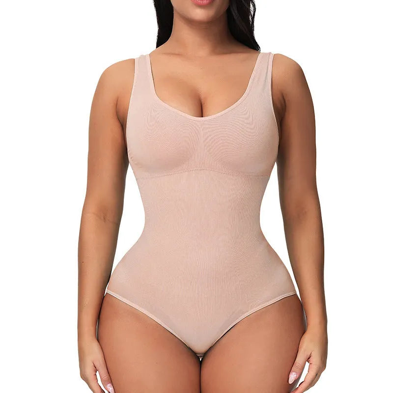 Seamless nylon bodysuit corset for women in apricot colour on size chart