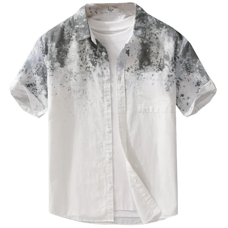 Men's hanging dyed pure cotton short-sleeved shirt in cardigan style with loose fit