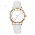 Women's quartz watch with round rose gold alloy case and white PU strap, 38mm dial, stainless steel buckle