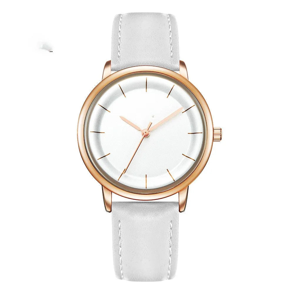 Women's quartz watch with round rose gold alloy case and white PU strap, 38mm dial, stainless steel buckle