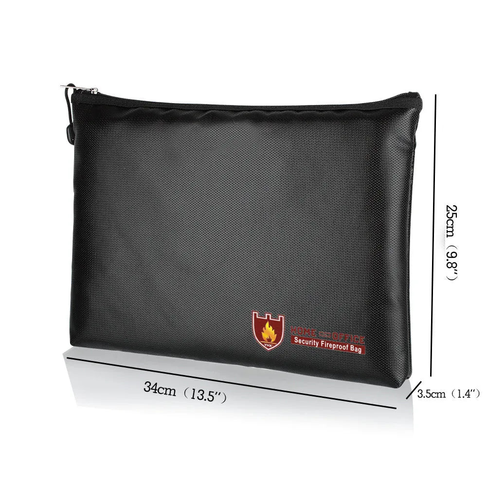 Black fire-proof contract document storage bag shown in small, medium, and large sizes.