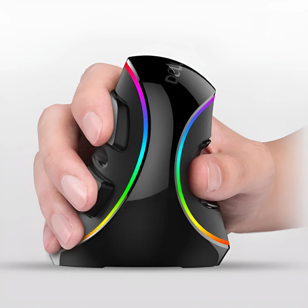 Vertical ergonomic snail-shaped RGB wired computer mouse on a desk, showing its contoured design and lighting.