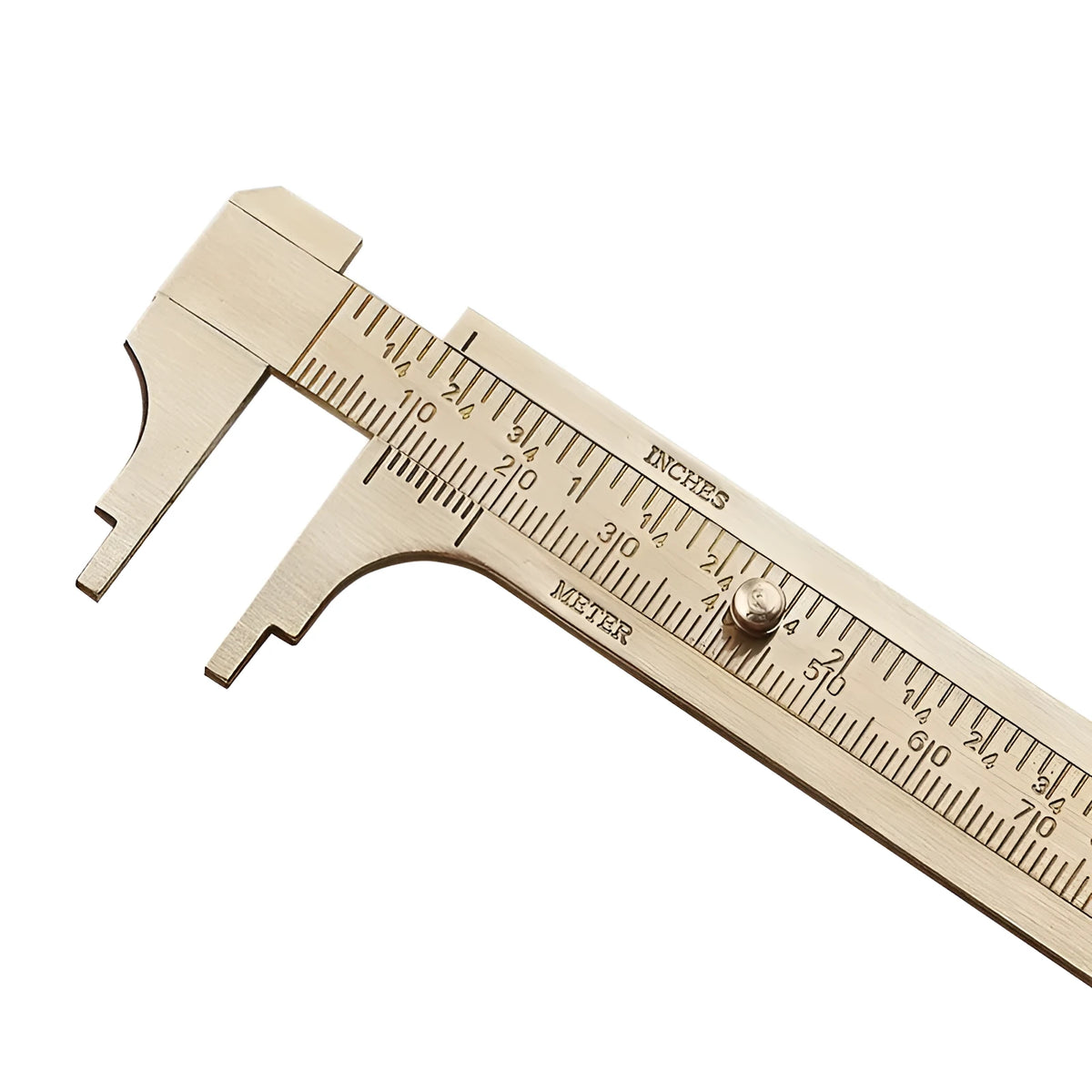 Double scale mini copper caliper with brass casting body and clear vernier markings on a white background