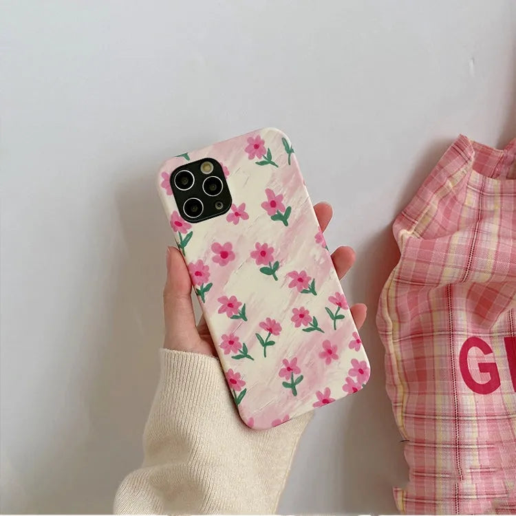 Pink floral PC phone case with powder crushed flowers for Xiaomi and iPhone models