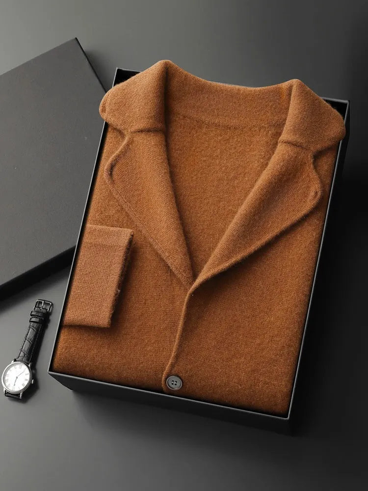 Men's loose fit cashmere cardigan jacket in light grey on a hanger