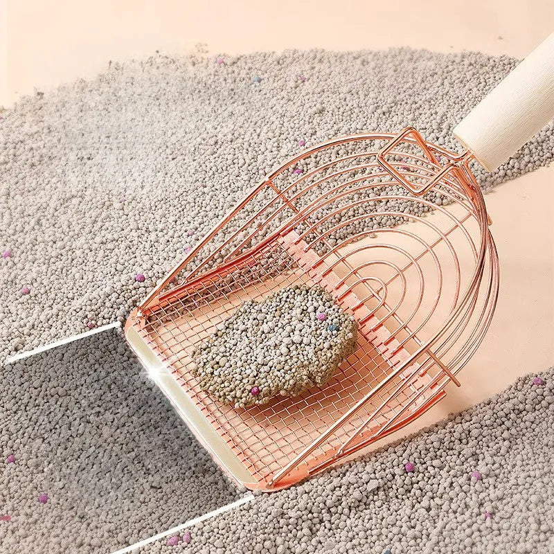 Stainless steel cat litter shovel with a long wooden handle for scooping pet waste.