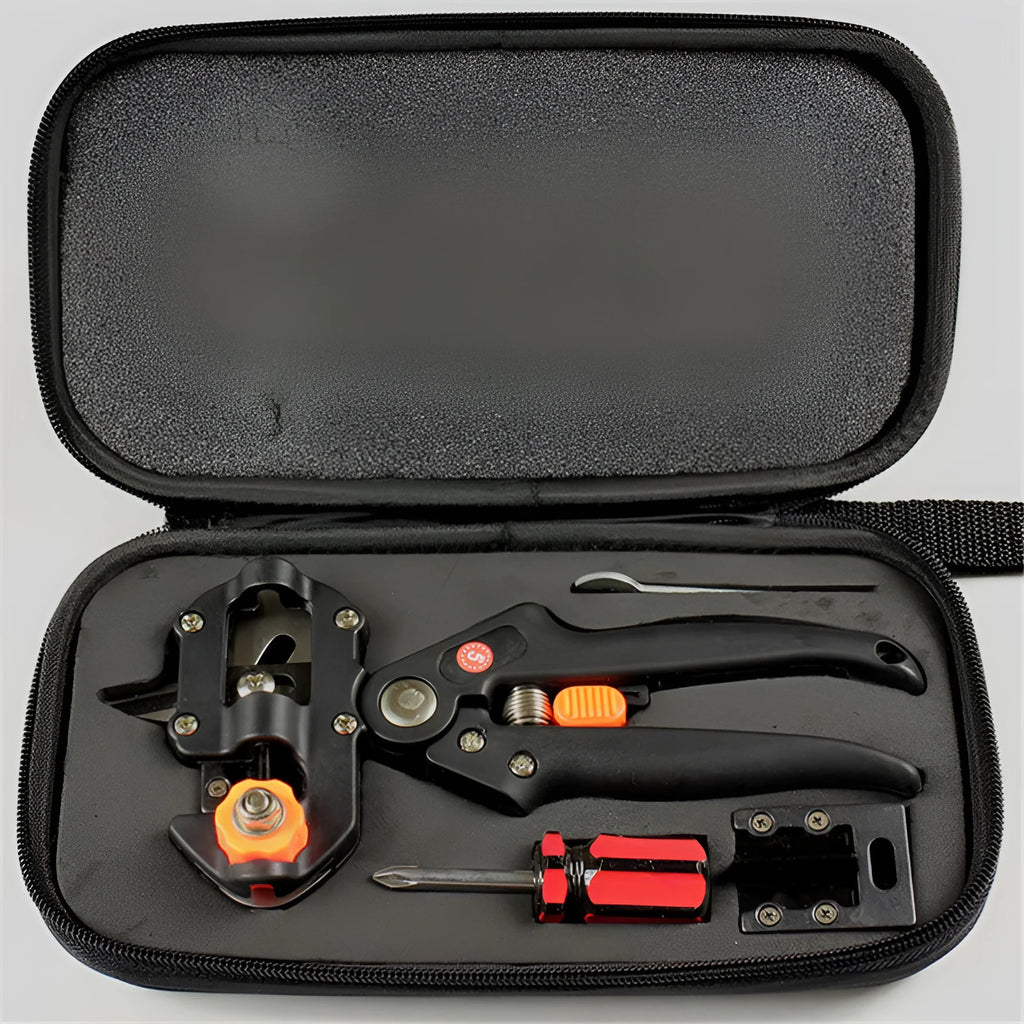 Black handheld grafting scissors with high carbon steel blade and ABS handle on a wooden surface