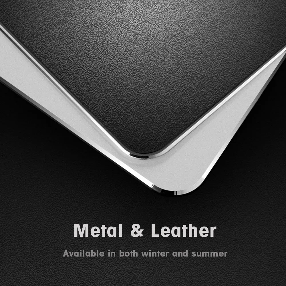 Aluminium alloy double-sided mouse pad in black finish on a desk for gaming or office use