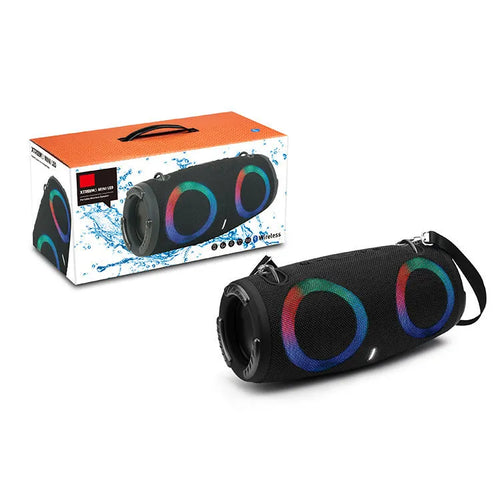 War Drum portable Bluetooth speaker with RGB coloured lights in black colour.