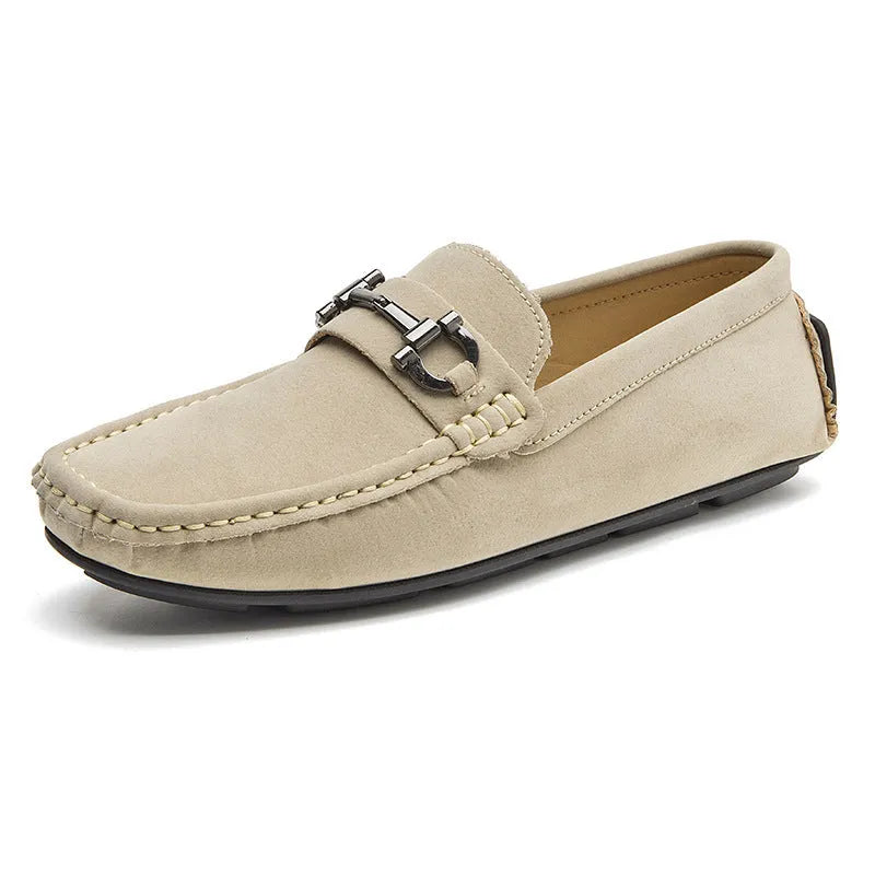 Men's beige lace-up casual shoes with a round toe and rubber sole, made from cowhide leather.