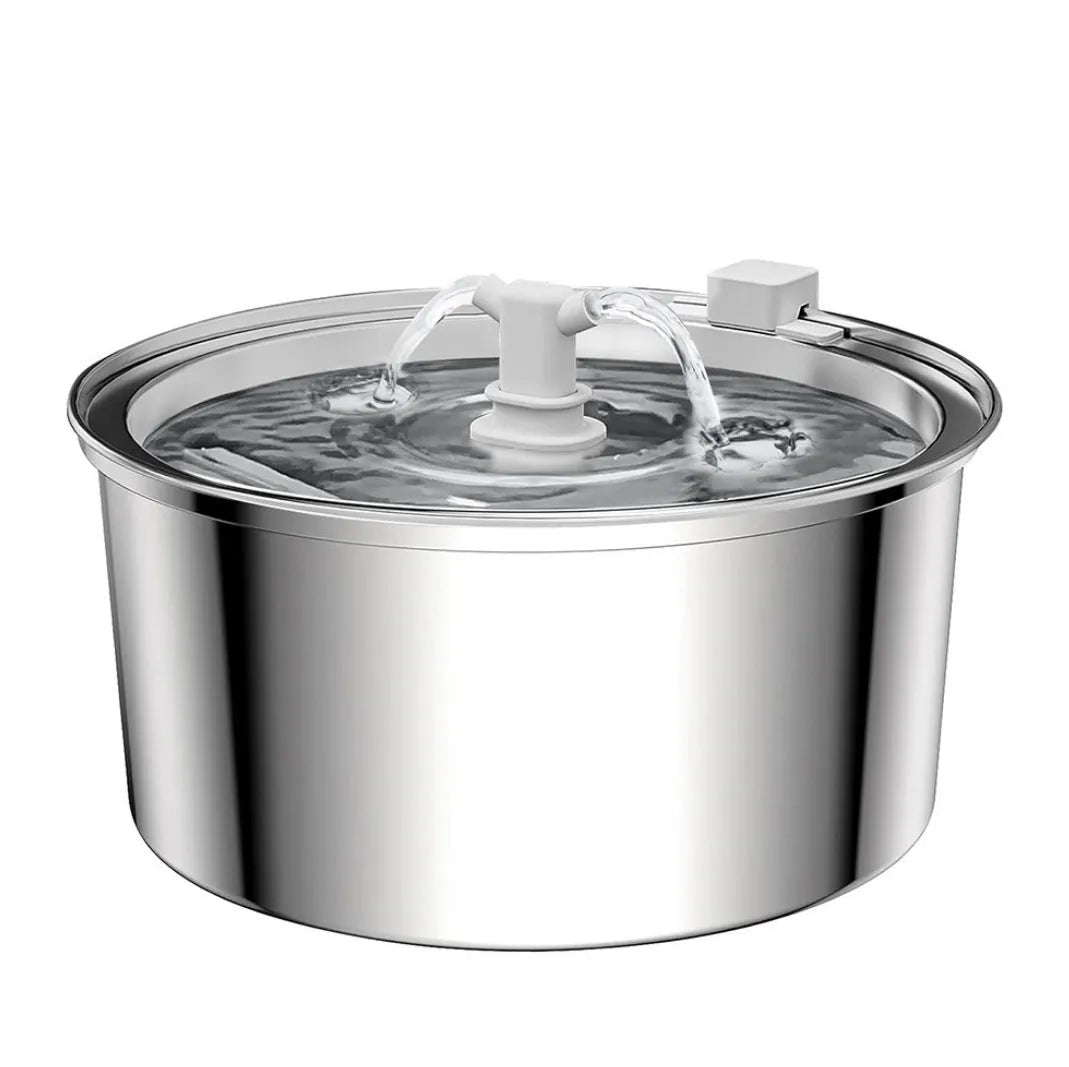 Stainless steel pet water dispenser with large 4-litre tank and selectable water outlet design