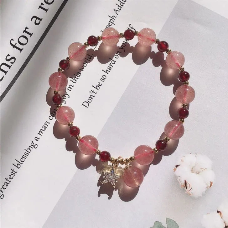 Handcrafted crystal bracelet with Hetian jade, peach blossom stone and strawberry quartz beads in natural design