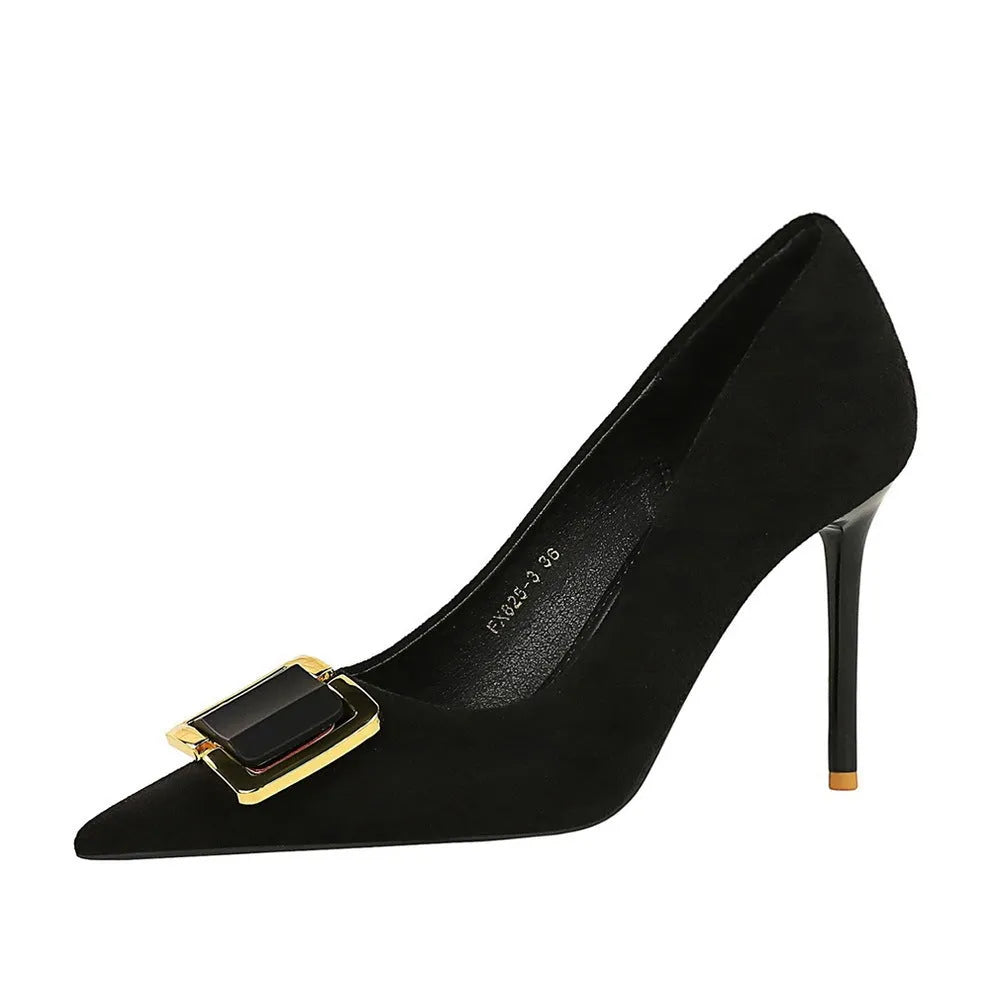 Black suede women's stiletto high heels with a 9cm heel and pointed toe.