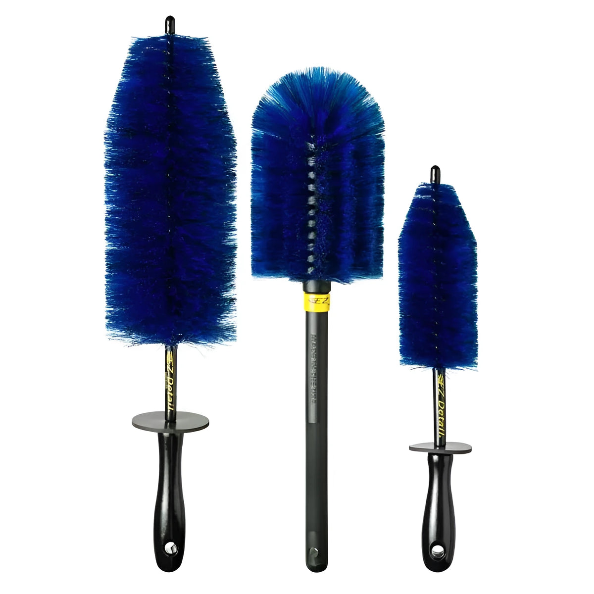 Blue engine silo hub cleaning brush with plastic PP line coated steel wire, shown in three sizes with different diameters and lengths