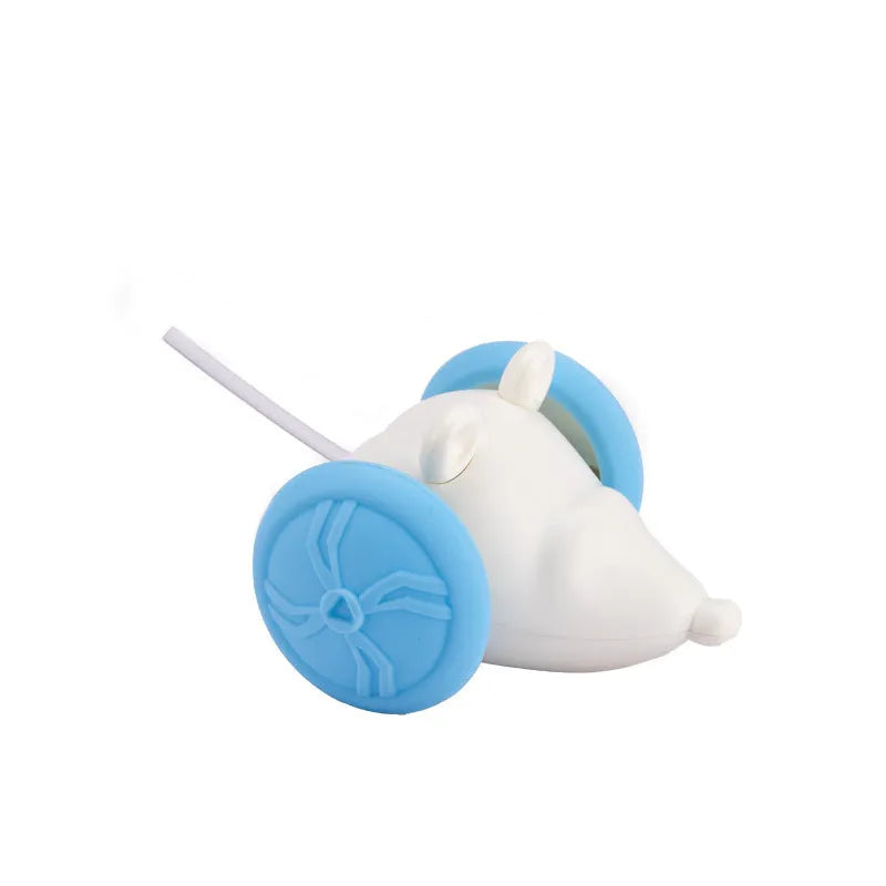 Electric moving mouse cat toy with remote control and charging cable on blue background