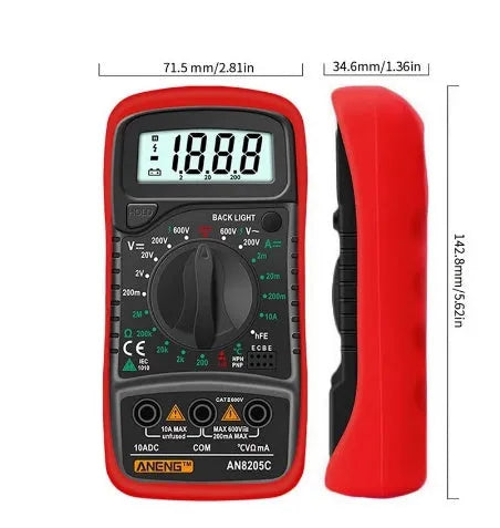 Yellow handheld digital multimeter with rotary dial and LCD display, CE certified